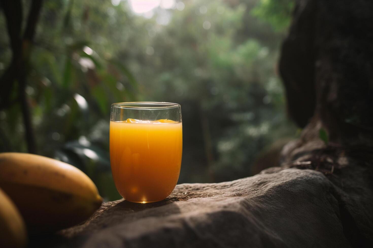 A glass of mango juice sitting on top of a rock in a forest, photo