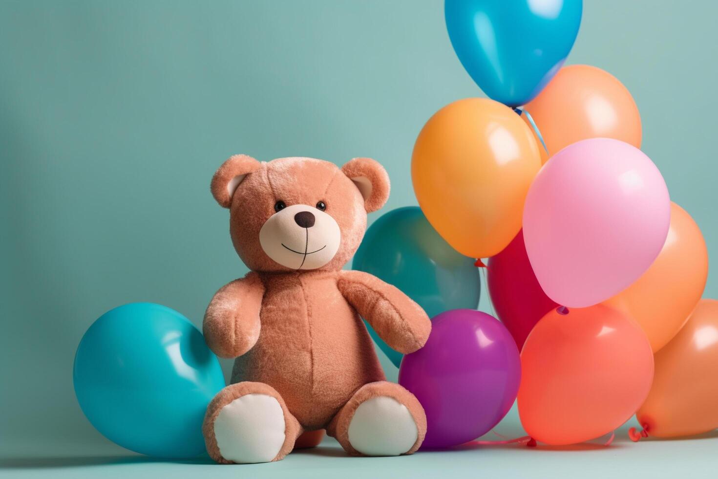 Cute teddy bear with colorful balloons, kids' birthday concept, photo