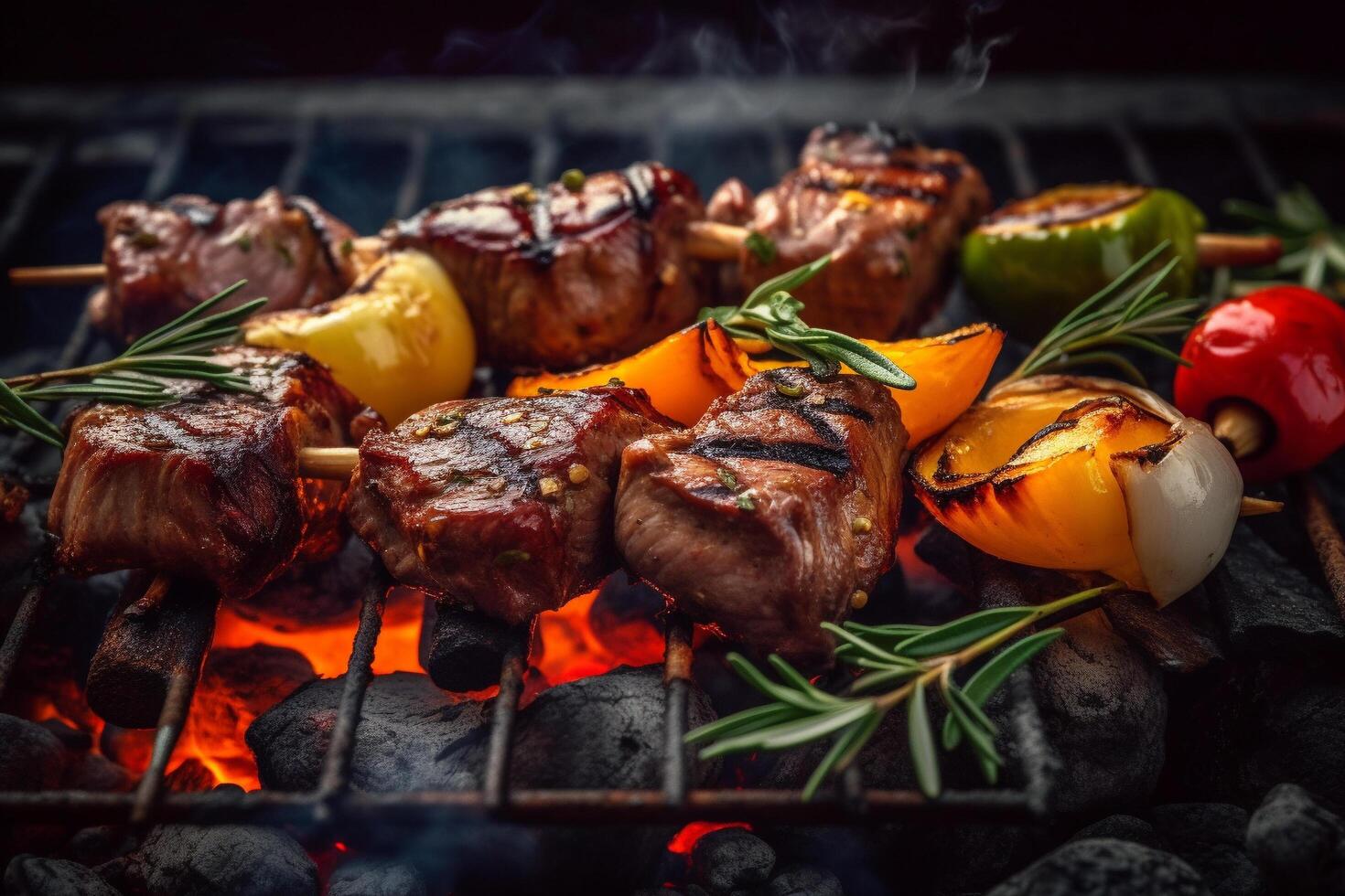 Delicious grilled meat with vegetables sizzling over the coals on a barbecue, photo