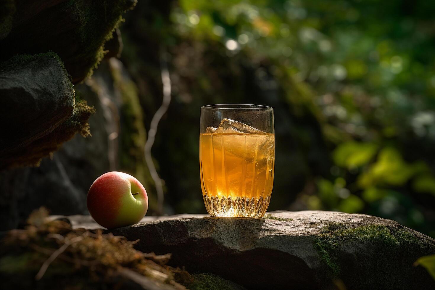 A glass of apple juice next to an apple on a rock, photo