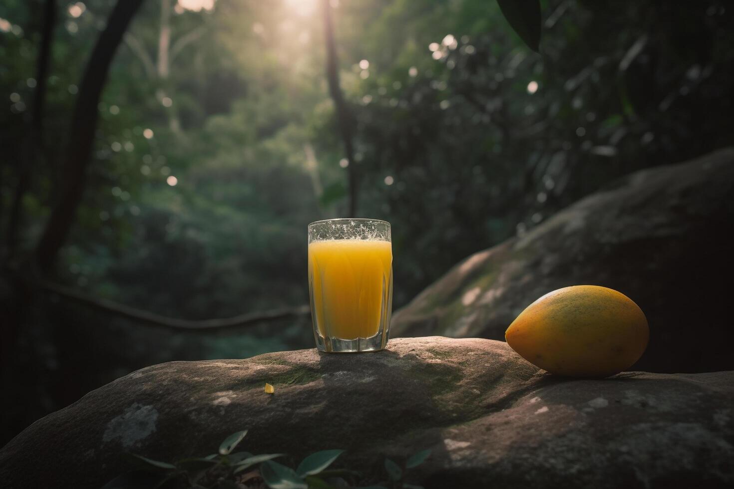A glass of healthy mango juice next to an mango on a rock, photo