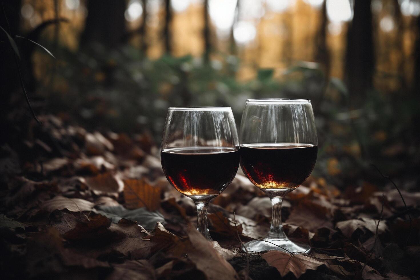Two glasses of wine in a forest, photo