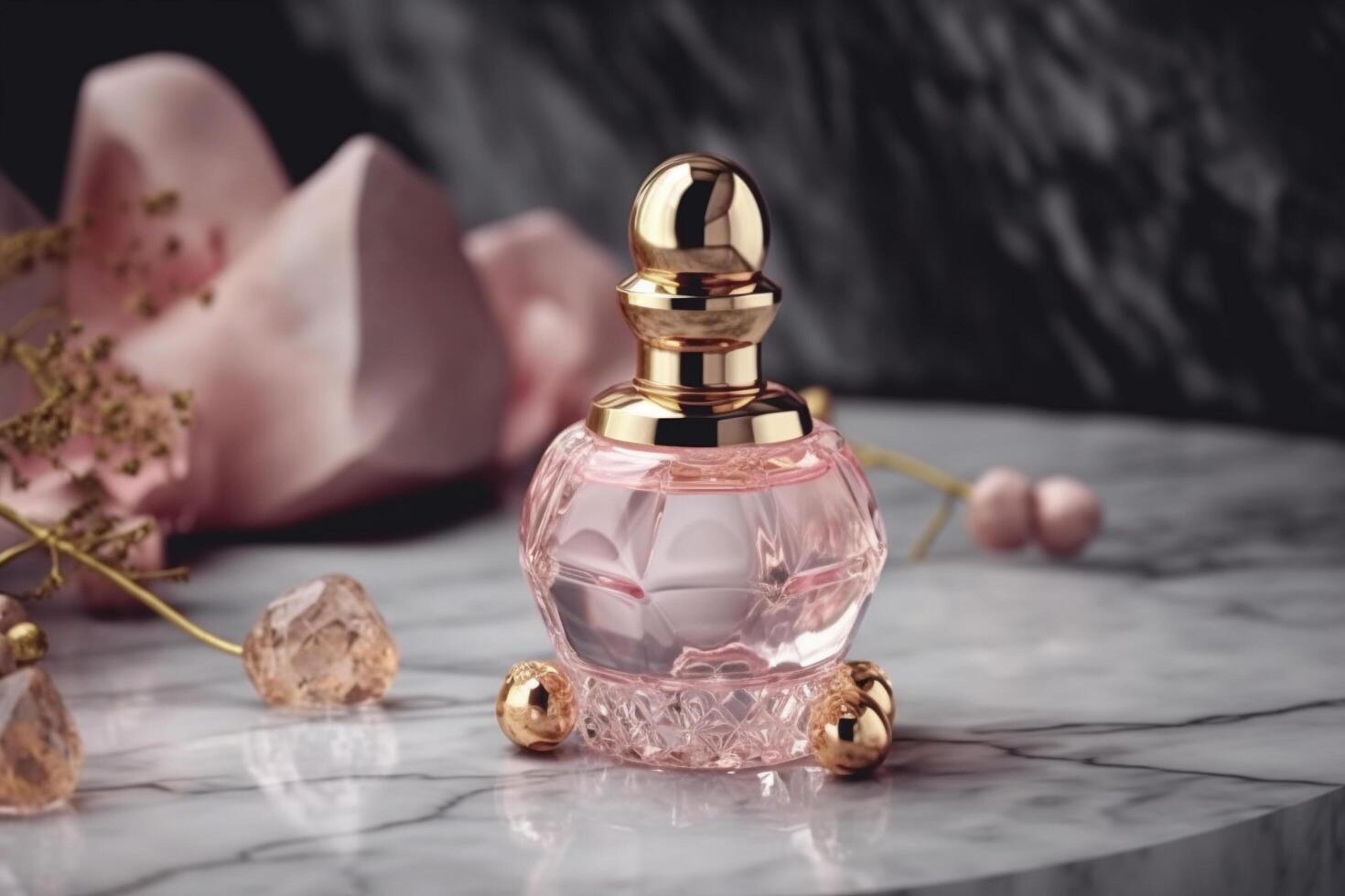 Luxury roses perfume mockup glass bottle on top of a marble table, product display, photo