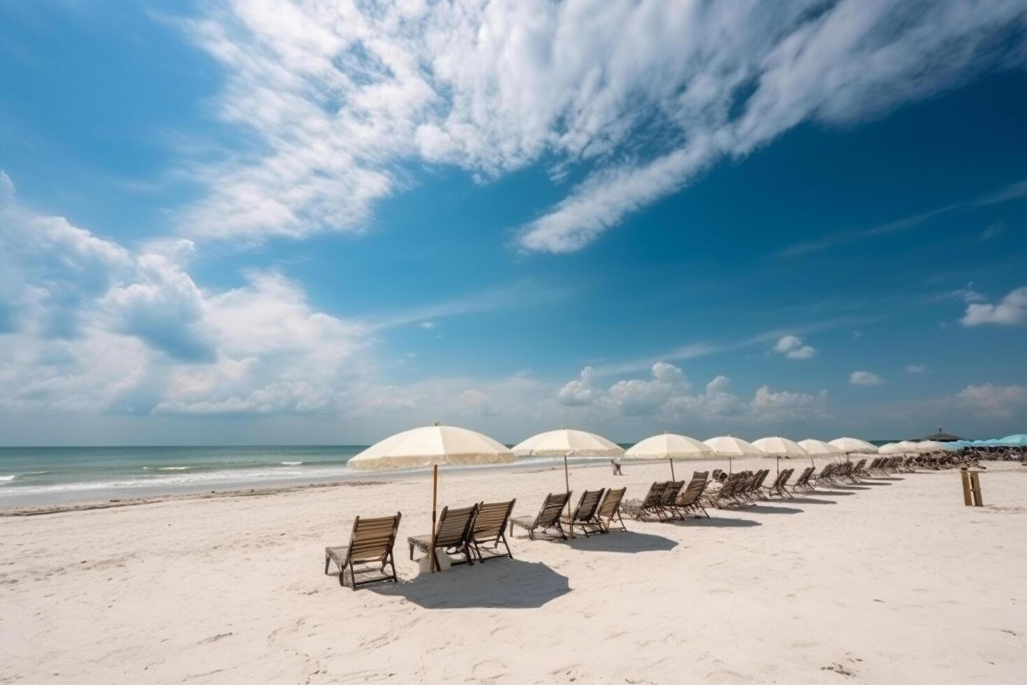 Beautiful beach, White sand, chairs and umbrella summer vacation background, photo