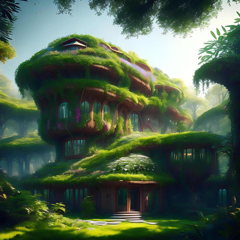 Beautiful organic house made of imaginary plants in a forest, architectural render, futuresynth, chillwave photo