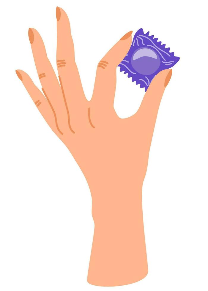 Woman hand holds a condom package. Safe sex, protection from pregnancy and HIV infection. Flat cartoon vector illustration