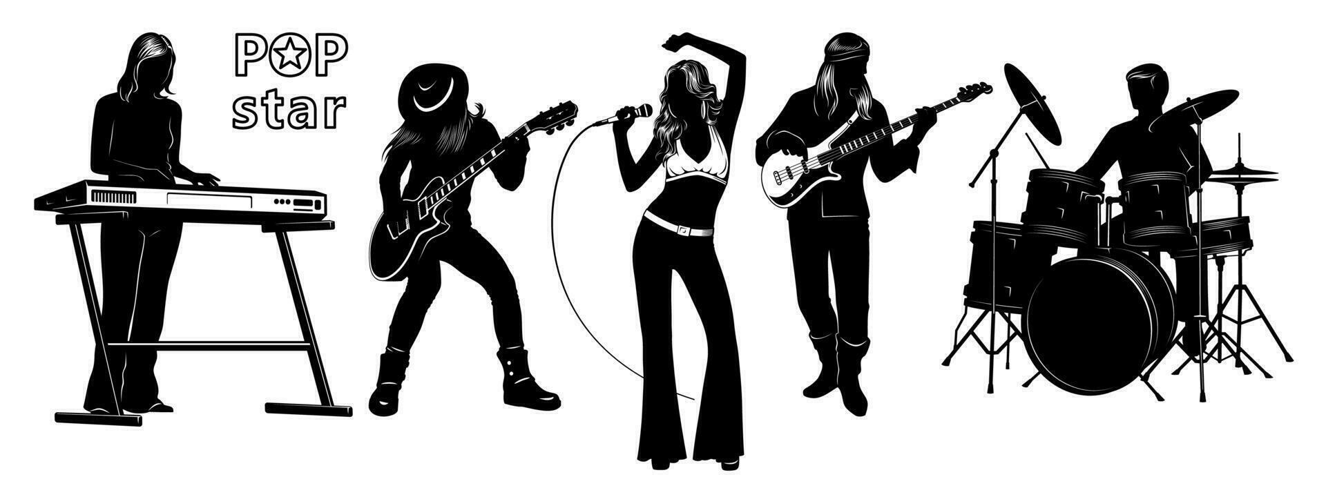 siluetas conjunto de popular cantante mujer con músicos. teclista, vocalista, eléctrico guitarrista, bajo guitarrista, batería. vector clipart aislado en blanco.
