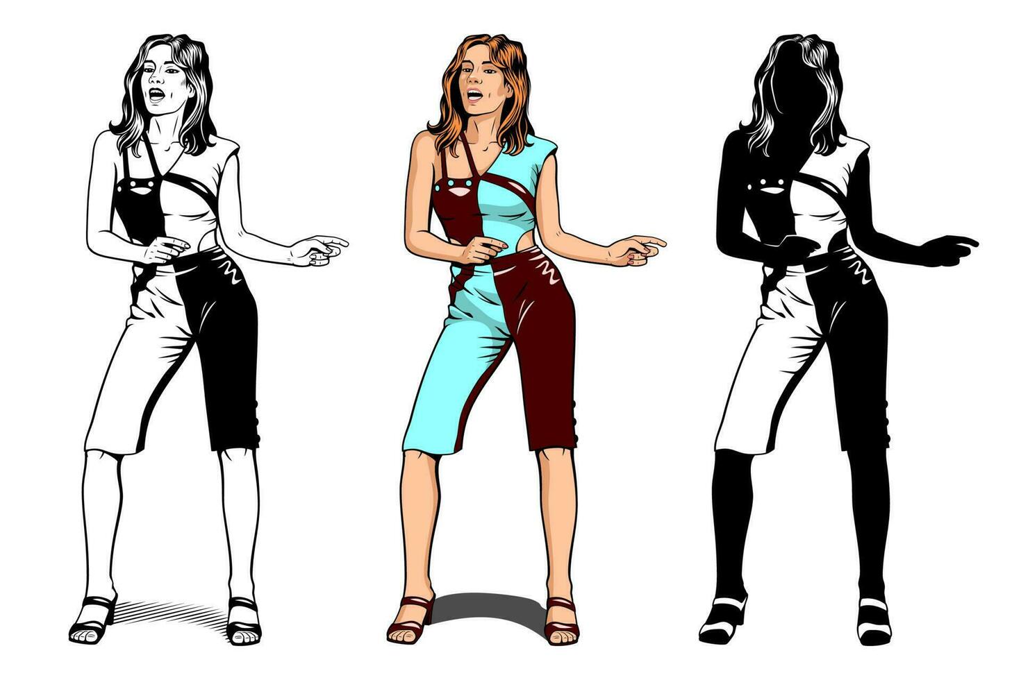 Disco Girl Character. Woman Singing and Dancing. Outline, Color and Silhouette cliparts isolated on white. vector