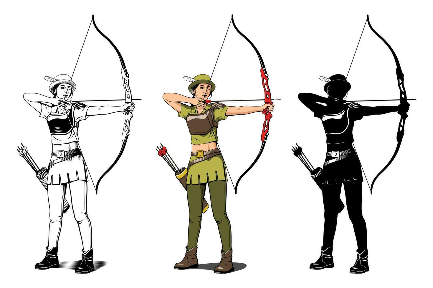 Archer Character. Young Girl aiming a target. Sports archery. Outline, Color and Silhouette cliparts isolated on white. vector