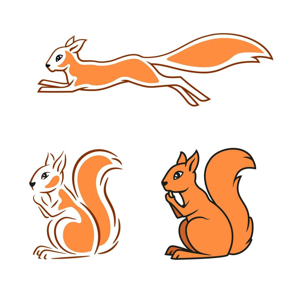 Squirrel, stylized for logo, mascot. Three different versions. Vector cliparts.