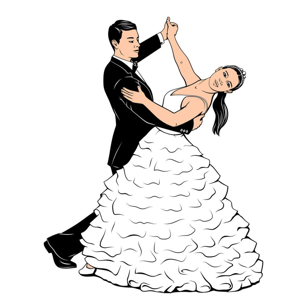 Couple Dancing Waltz. Wedding dance. Pop Art, Ink style. Vector drawing.