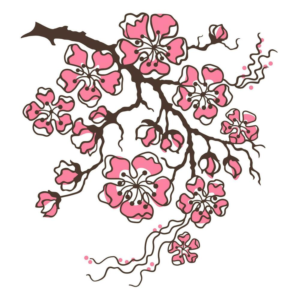 Cherry Blossom, Sakura. Branch with Flowers. Hand-drawn vector clipart isolated on white.