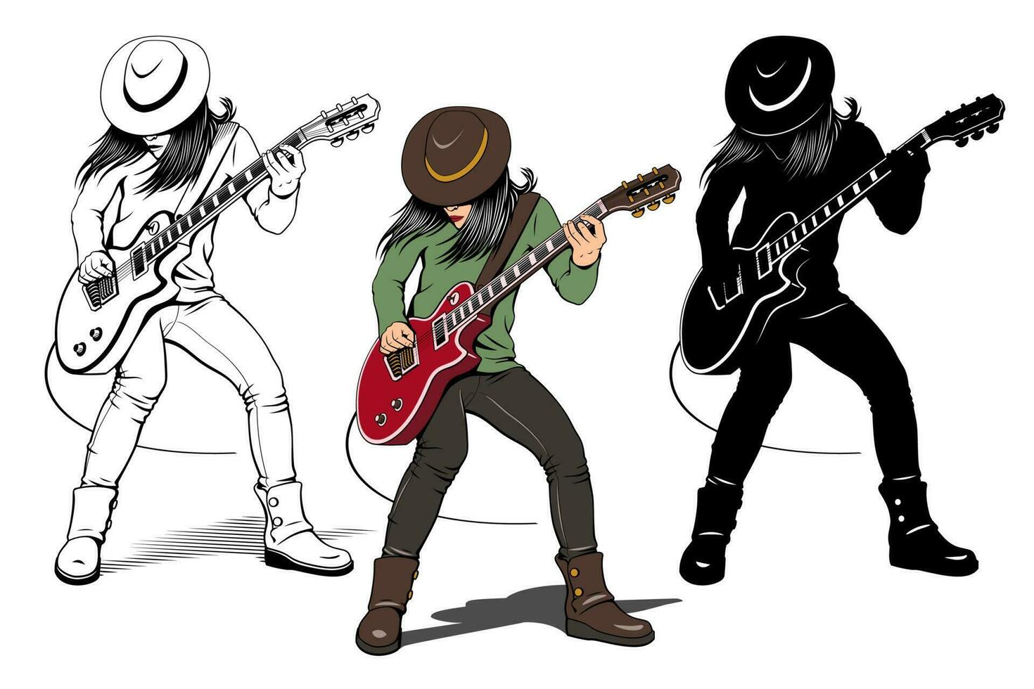 Rock Guitarist Character. Girl in hat playing electric guitar. Outline, Color and Silhouette cliparts isolated on white. vector