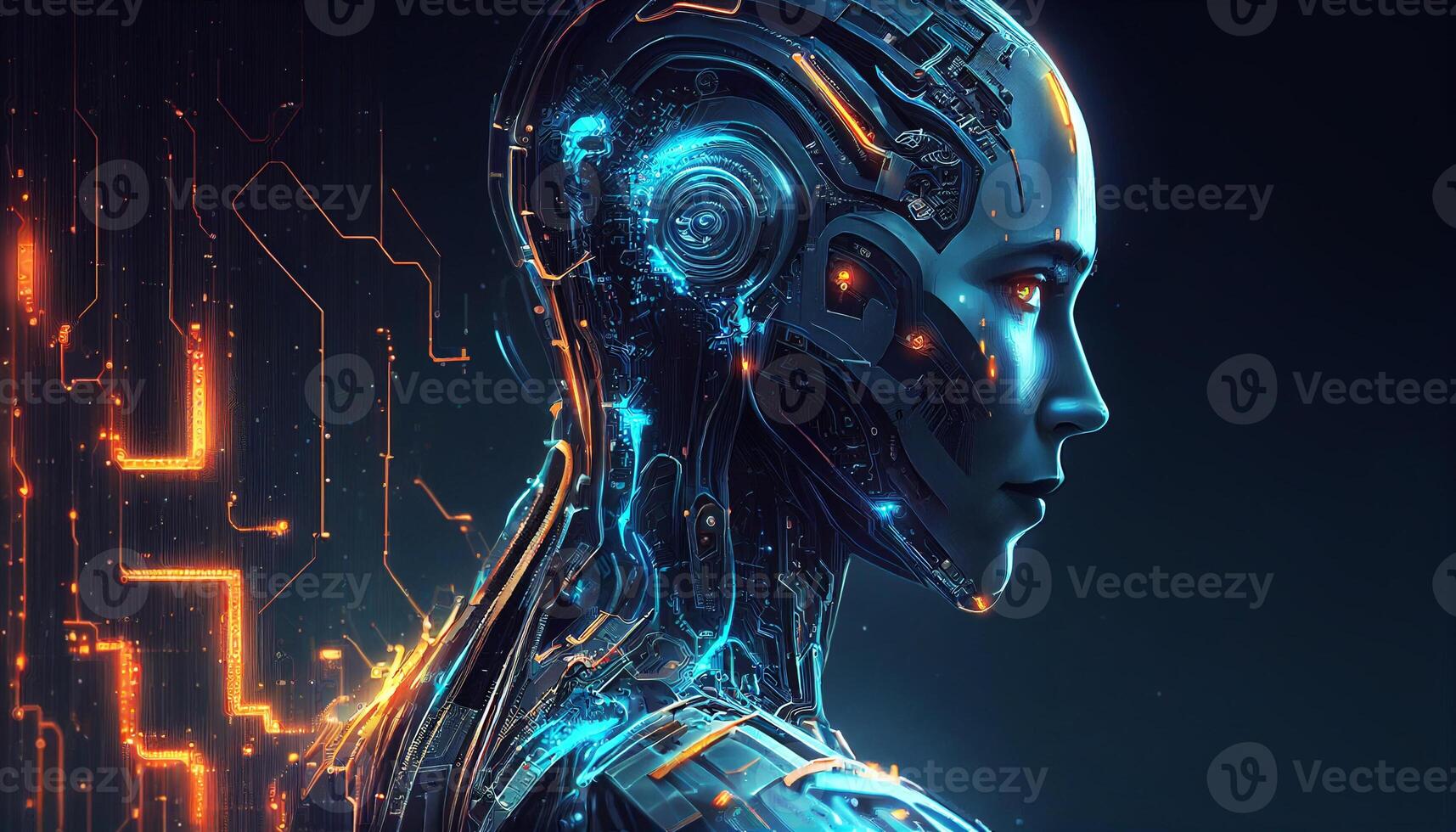 ai artificial inteligencia humanoide lado retrato ver con azul y naranja vibrante neón y Copiar espacio, artificial inteligencia tecnología concepto, ai generado ilustración foto