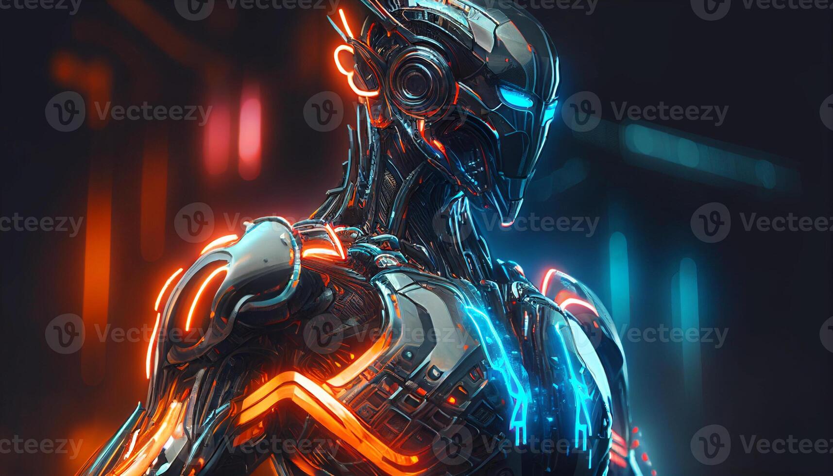 AI Artificial intelligence humanoid with blue vibrant neon, Artificial Intelligence technology concept, illustration photo