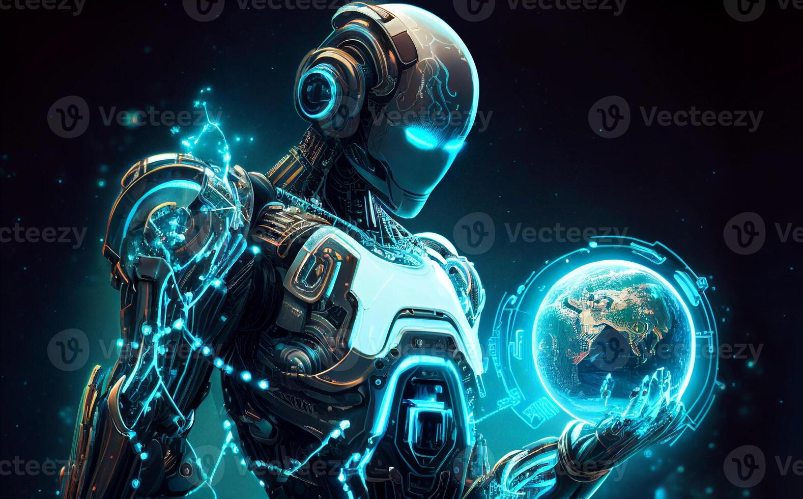 AI Artificial intelligence humanoid with Blue vibrant neon holding planet Earth on hand, Artificial Intelligence technology disruption concept, illustration photo