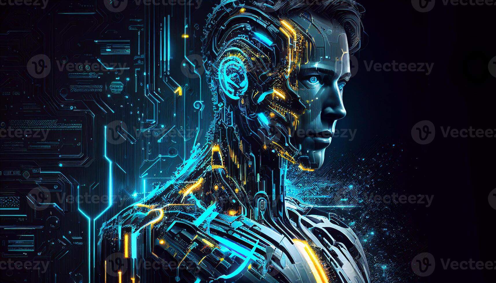 ai artificial inteligencia humanoide lado ver con azul y amarillo vibrante neón, artificial inteligencia tecnología concepto, ai generado ilustración foto