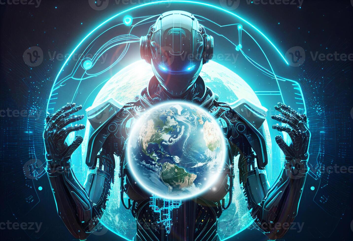 AI Artificial intelligence humanoid with Blue vibrant neon holding planet Earth on hand, Artificial Intelligence technology world disruption concept, illustration photo