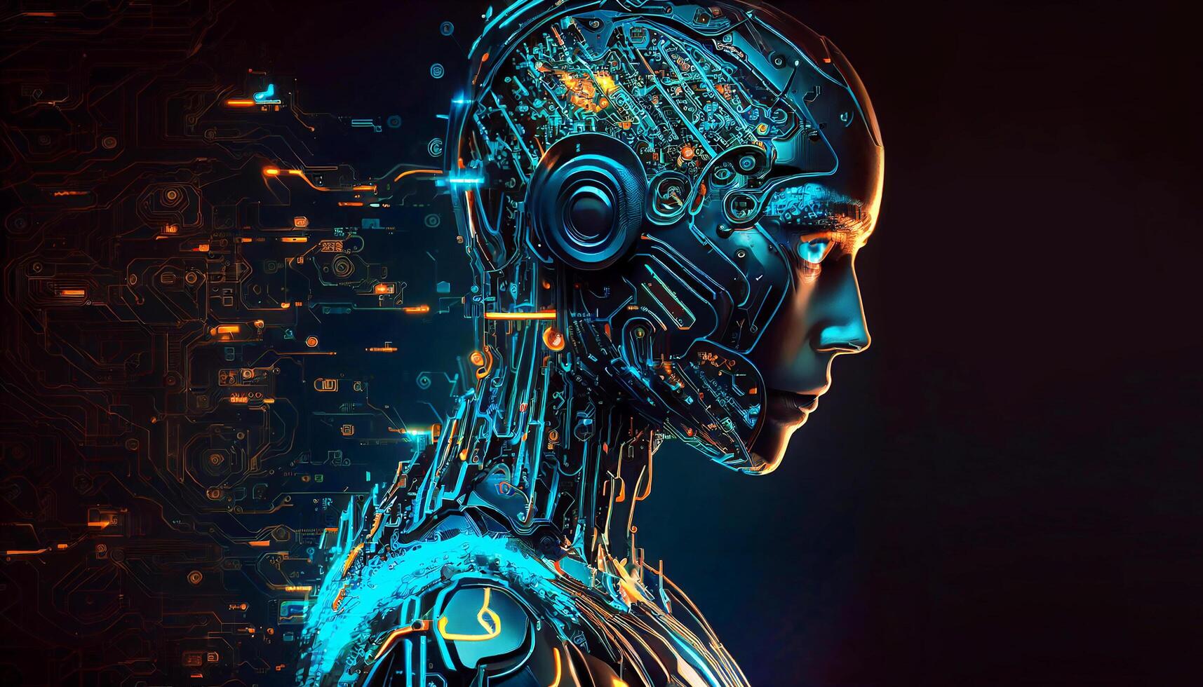 AI Artificial intelligence humanoid side portrait view with blue and orange vibrant neon and copy space, Artificial Intelligence technology concept, illustration photo