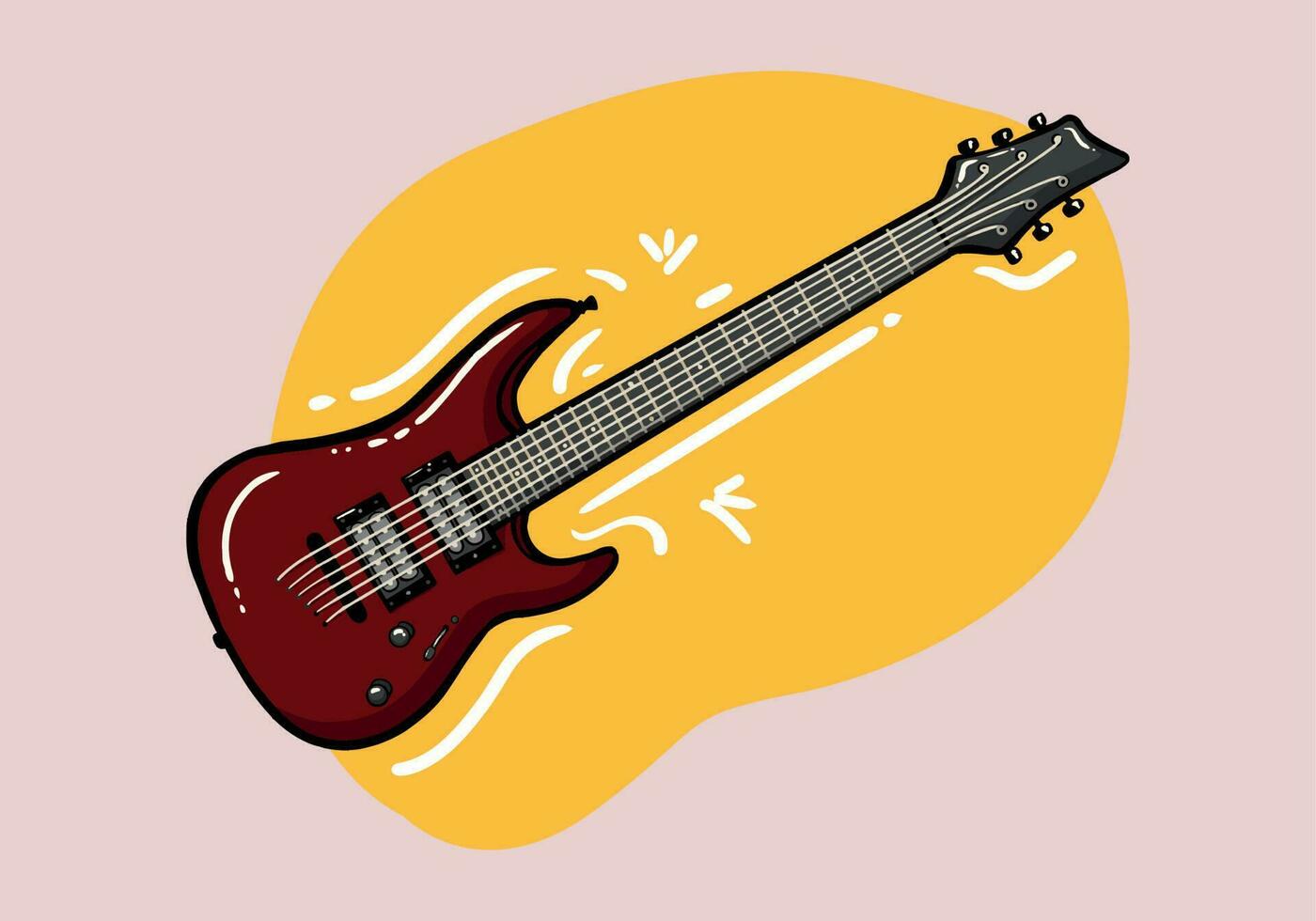 Rock music instrument. Cool red electro guitar cartoon style. Colored flat vector illustration isolated on background
