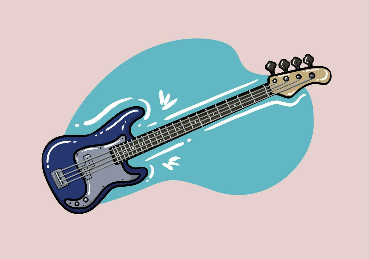 Vector illustration. Hand drawn blue rock electro or bass guitar. String plucked musical instrument. Rock, blues, ska or jazz equipment. Cartoon sketch. Isolated on white background