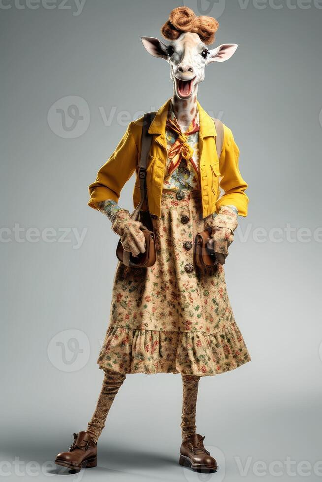 Anthropomorphic smiling giraffe dressed in vintage. Animals in clothes. People with heads of animals..Created with photo