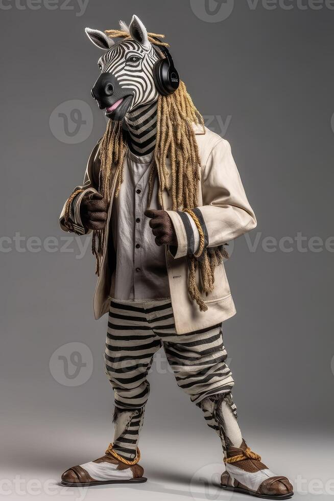 Anthropomorphic smiling zebra dressed in vintage. Animals in clothes. People with heads of animals..Created with photo