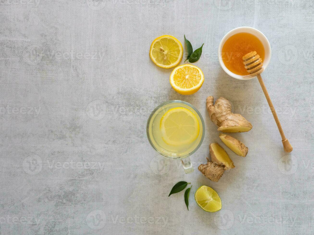 Antiviral drink with lemon, honey and ginger root, strengthening of immunity concept photo