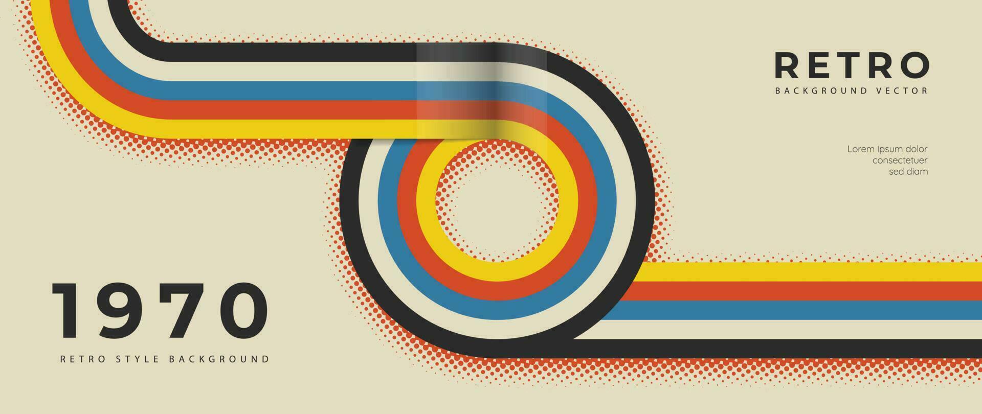 Abstract retro 70s background vector. Colorful vintage 1970 stylish wallpaper with lines, stripes, curve, circle shapes. Illustration design suitable for poster, banner, decorative, wall art. vector