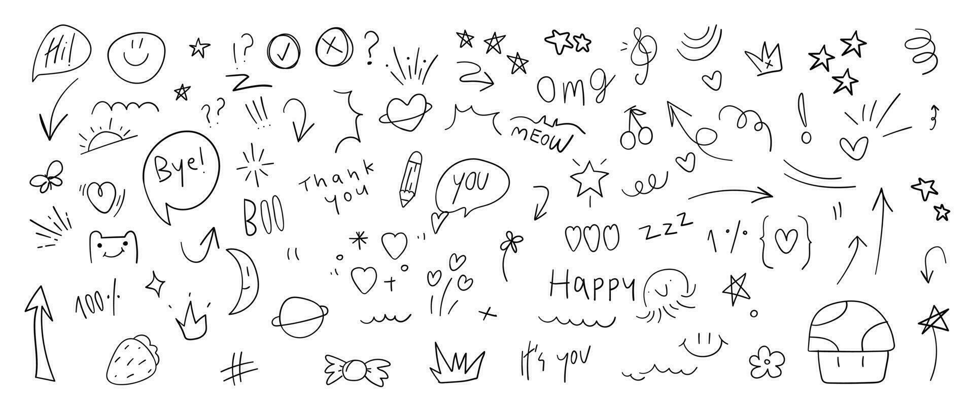 Set of cute pen line doodle element vector. Hand drawn doodle style collection of heart, arrows, scribble, speech bubble, flower, stars, words. Design for print, cartoon, card, decoration, sticker. vector