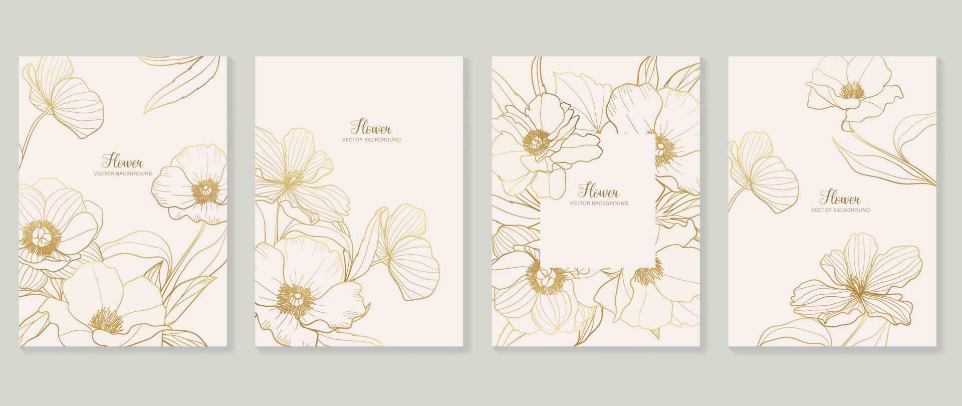 Luxury floral vector background cover. Plant hand drawn with copy space for text and gold line art flower and leaf branch in pastel colors. Botanical design suitable for banner, cover, invitation.