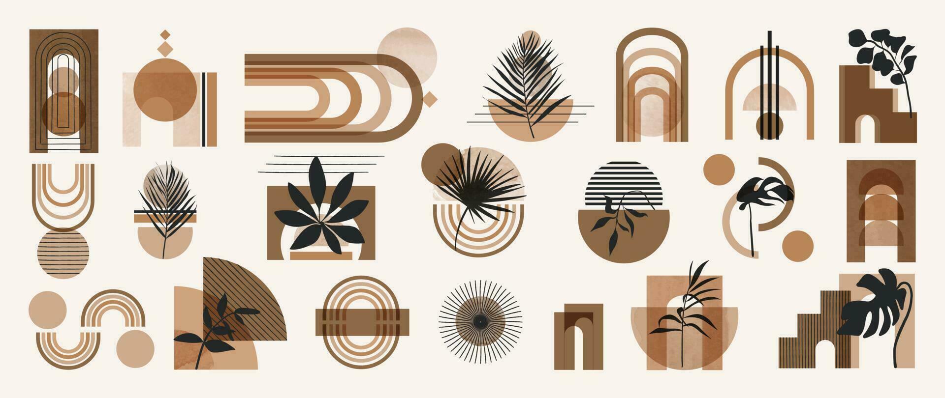 Hand drawn abstract minimal element mid century vector set. Aesthetic contemporary stripe line art, watercolor geometric shapes in earth tone. Art form design for wall art, decoration, wallpaper.