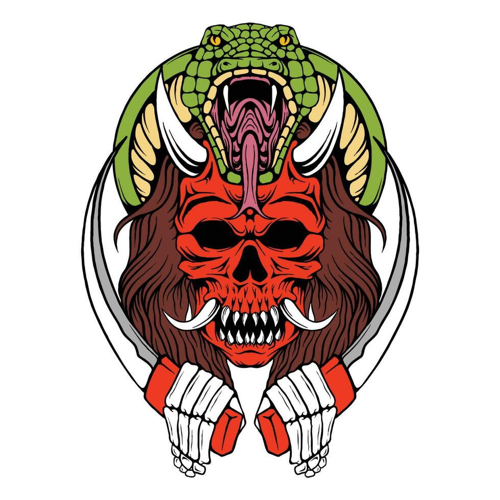 Illustration of Japanese Hannya Mask with Snake vector
