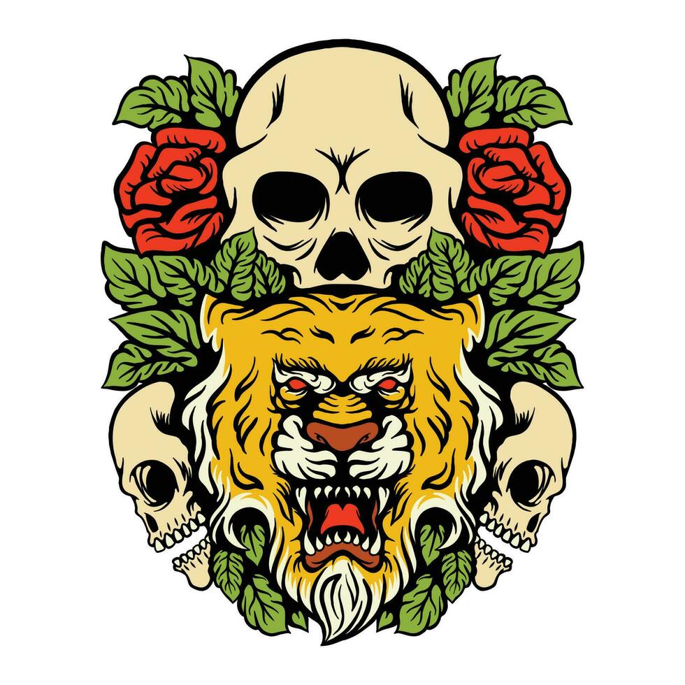 Illustration of Tiger  Skull  and Rose vector