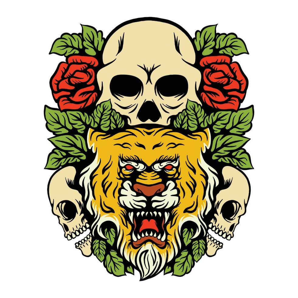 Illustration of Tiger  Skull  and Rose vector