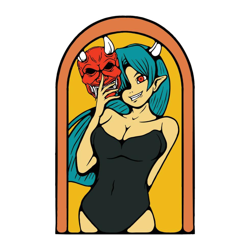 Illustration of a Devil Girl Wearing an Oni Mask vector