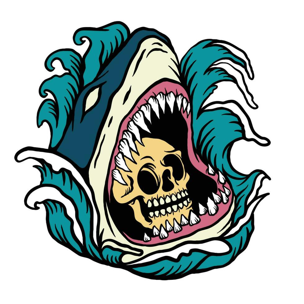 Skull and Shark Illustration in the Sea vector