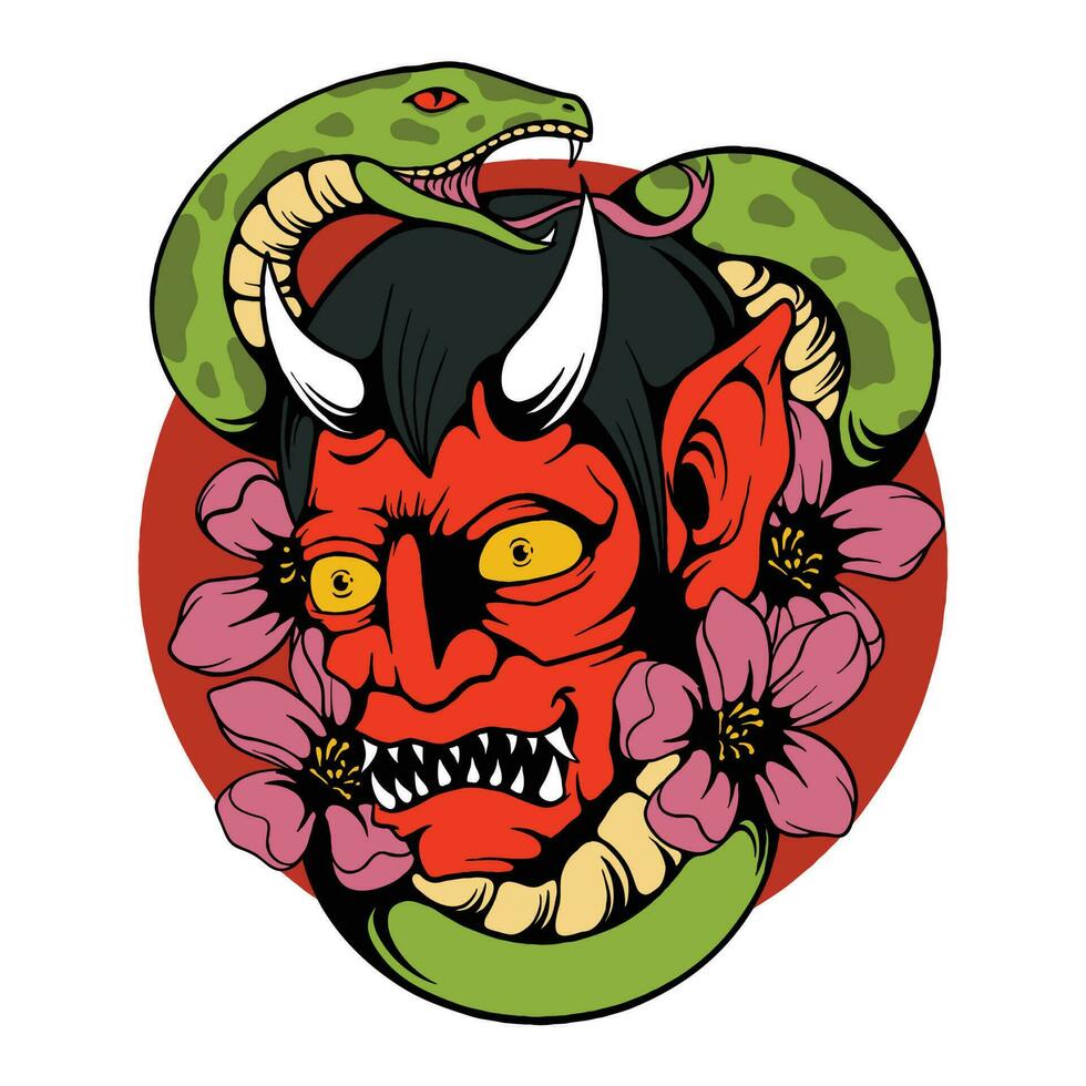 Illustration of Japanese Hannya Mask with Snake vector