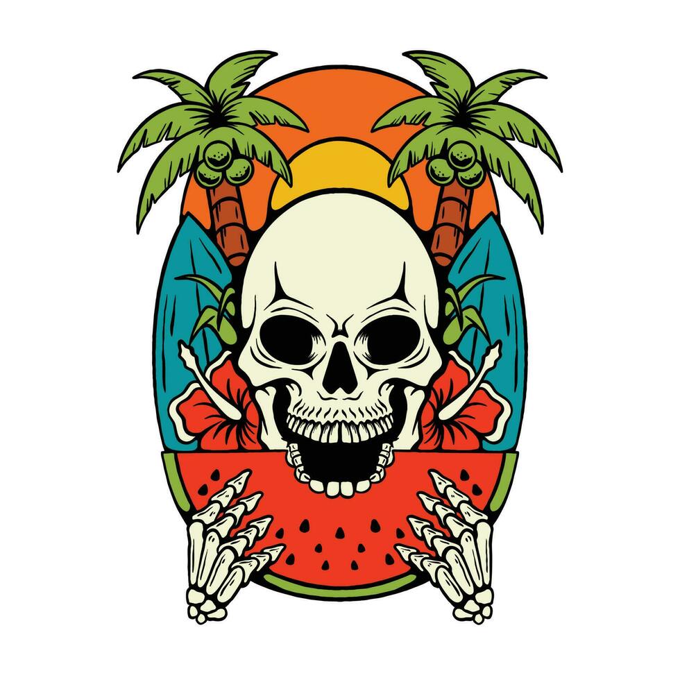 Illustration of a skull eating a watermelon with summer beach vector