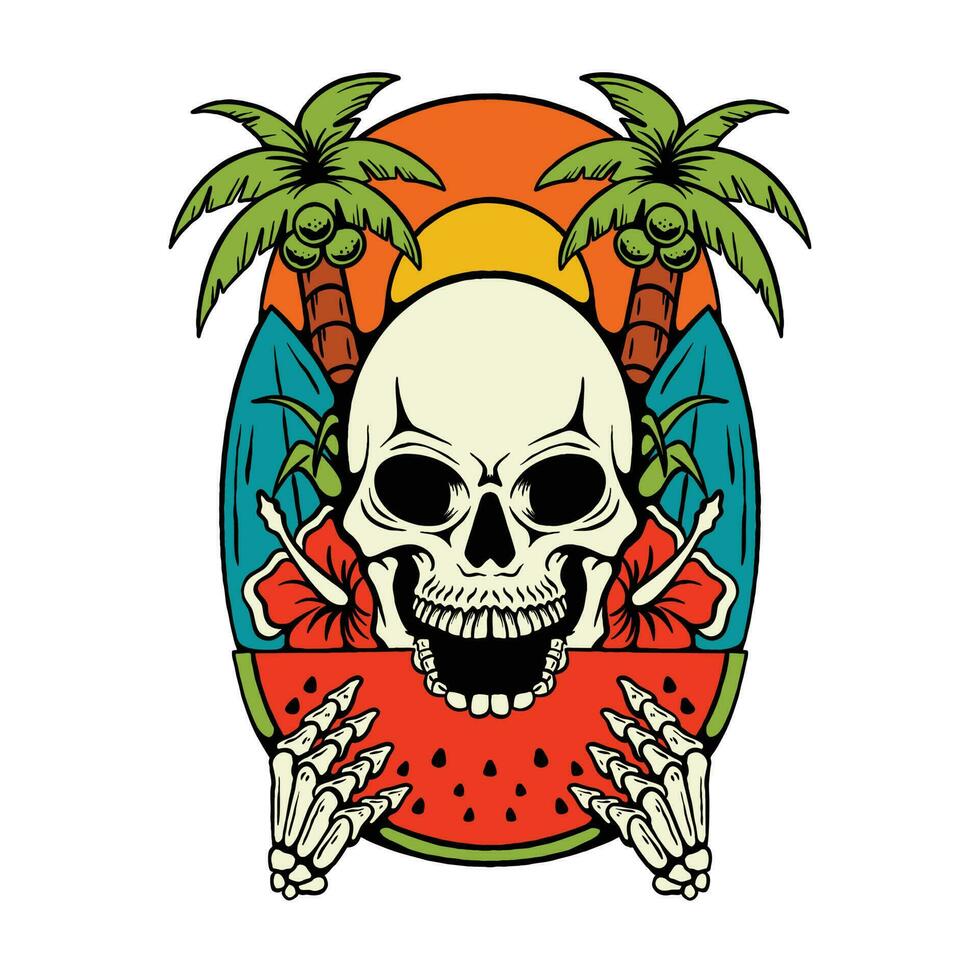 Illustration of a skull eating a watermelon with summer beach vector