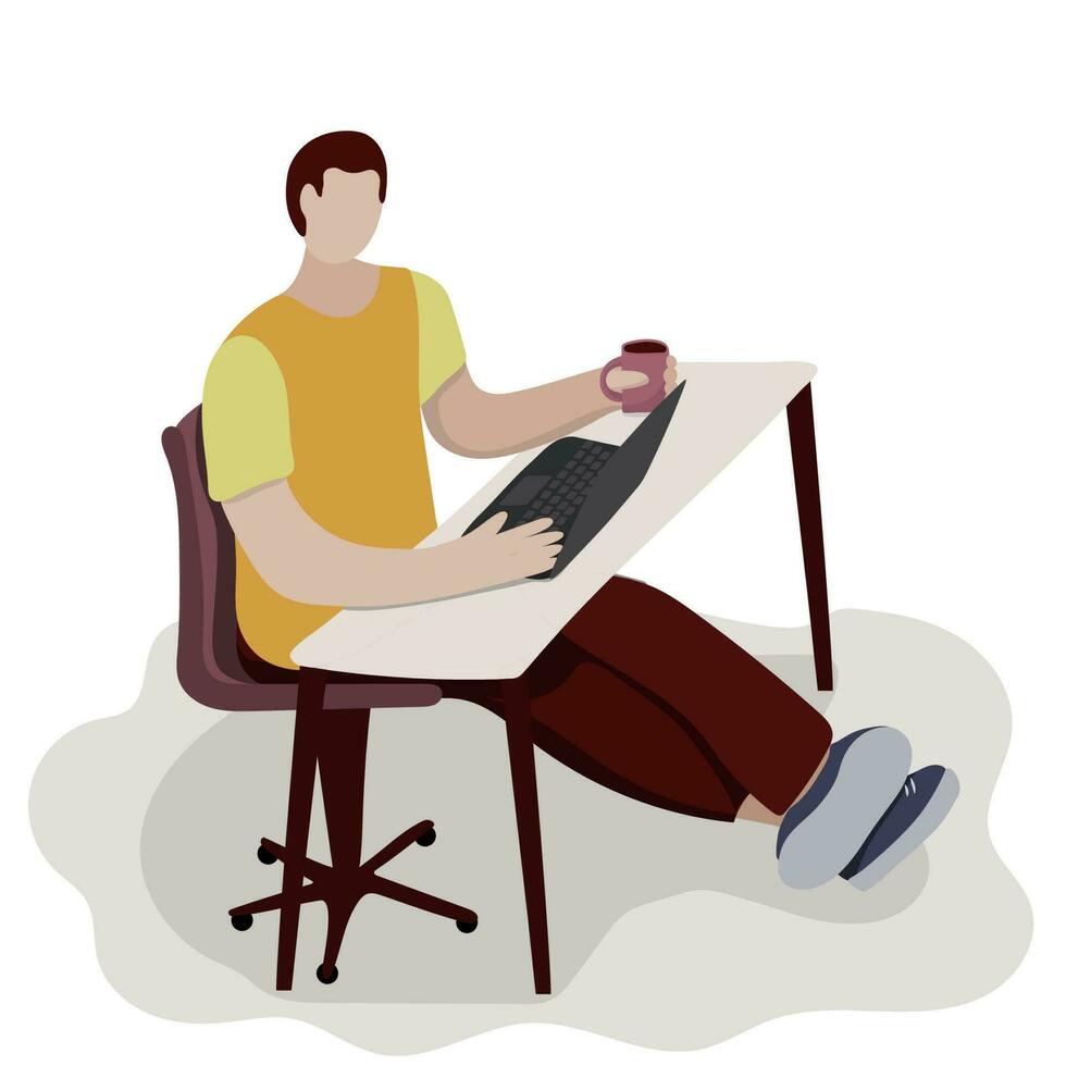 Man work at a desk with a computer. Home office. Distance learning at home. Work with cap of coffee and laptop. Freelancer. Education. programmer vector