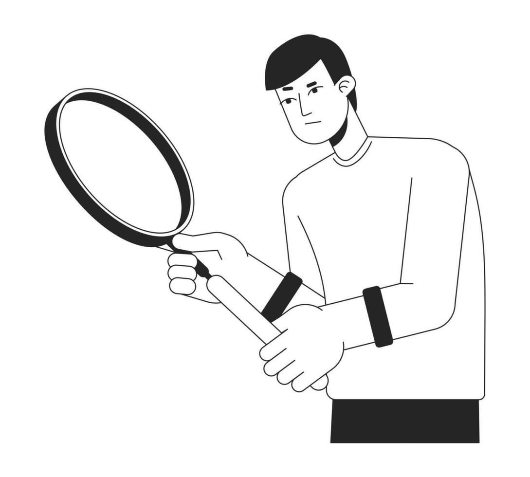 Doubtful caucasian young man holding loupe flat line black white vector character. Editable outline half body person. Male inspector simple cartoon isolated spot illustration for web graphic design