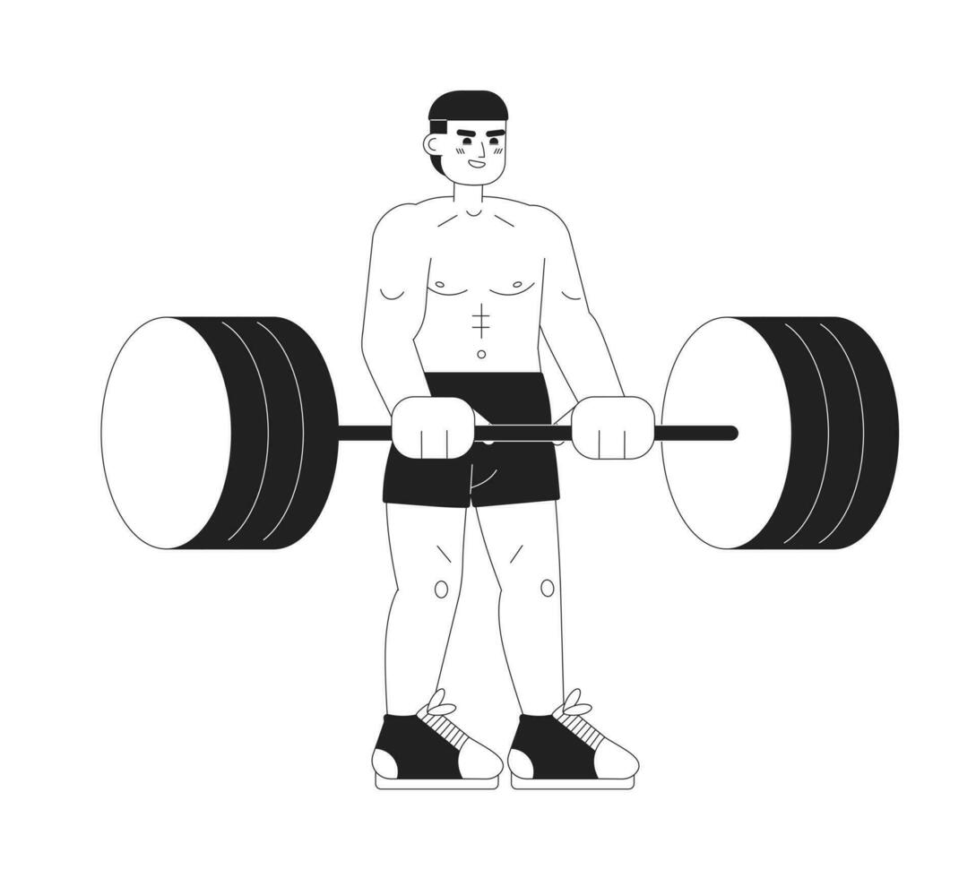 Latino american man deadlifting monochromatic flat vector character. Powerlifting competition. Editable thin line full body person on white. Simple bw cartoon spot image for web graphic design