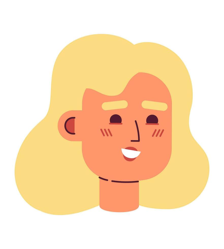 contento caucásico joven mujer cara semi plano vector personaje cabeza. sonriente rubia mujer. editable dibujos animados avatar icono. cara emoción. vistoso Mancha ilustración para web gráfico diseño, animación