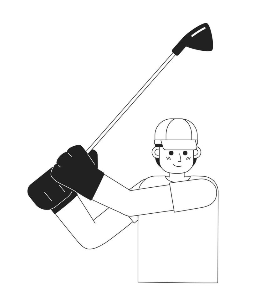 Young adult man golfer swinging with stick monochromatic flat vector character. Happy golfeur. Editable thin line half body person on white. Simple bw cartoon spot image for web graphic design