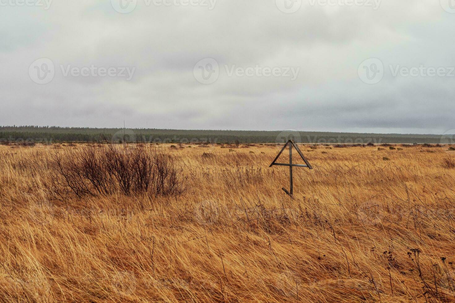 Wooden cross in the steppe. Old Russian Pomeranian village. photo