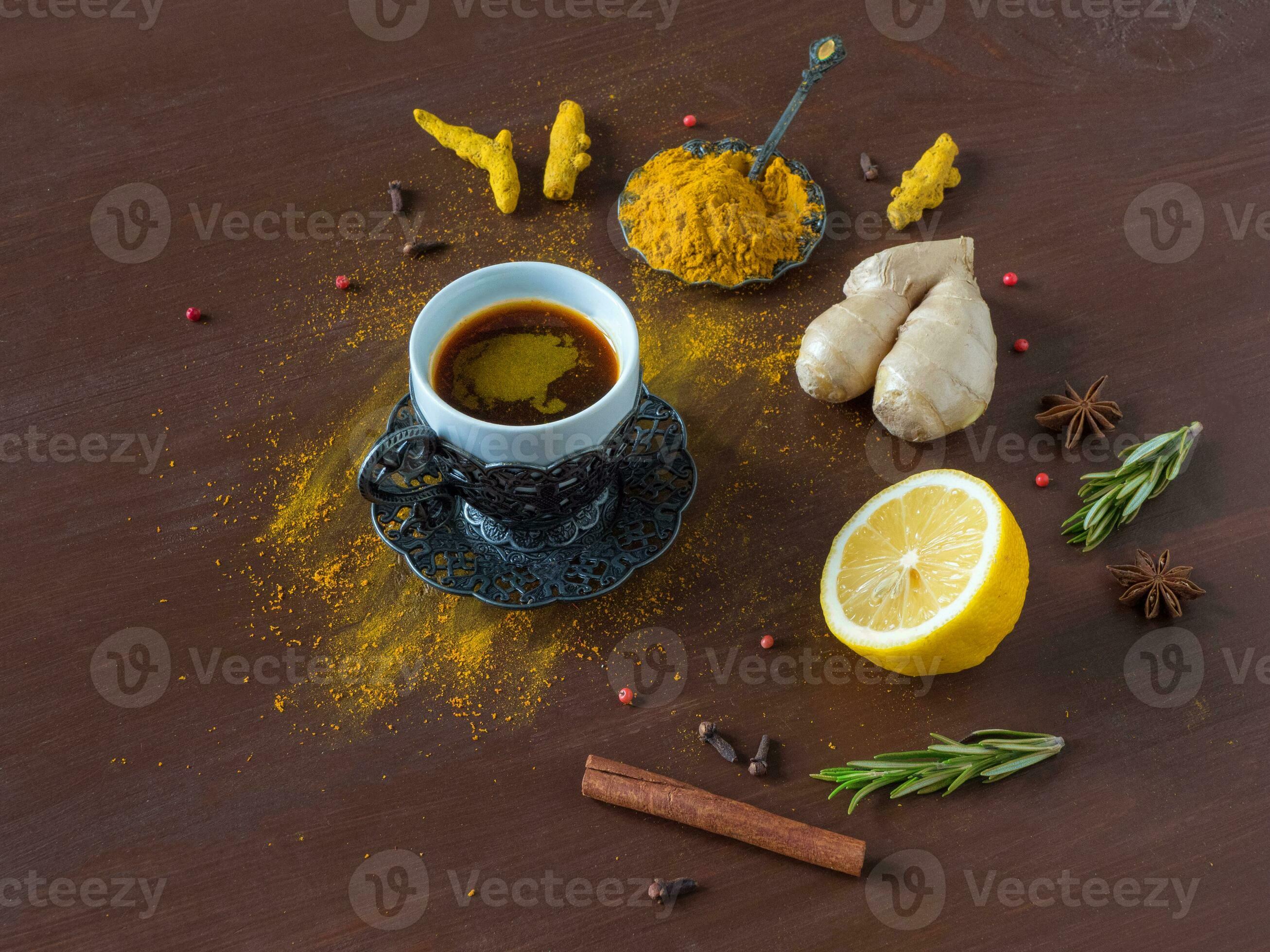 Black coffee with turmeric, cinnamon,ginger, lemon and pepper 23827921
