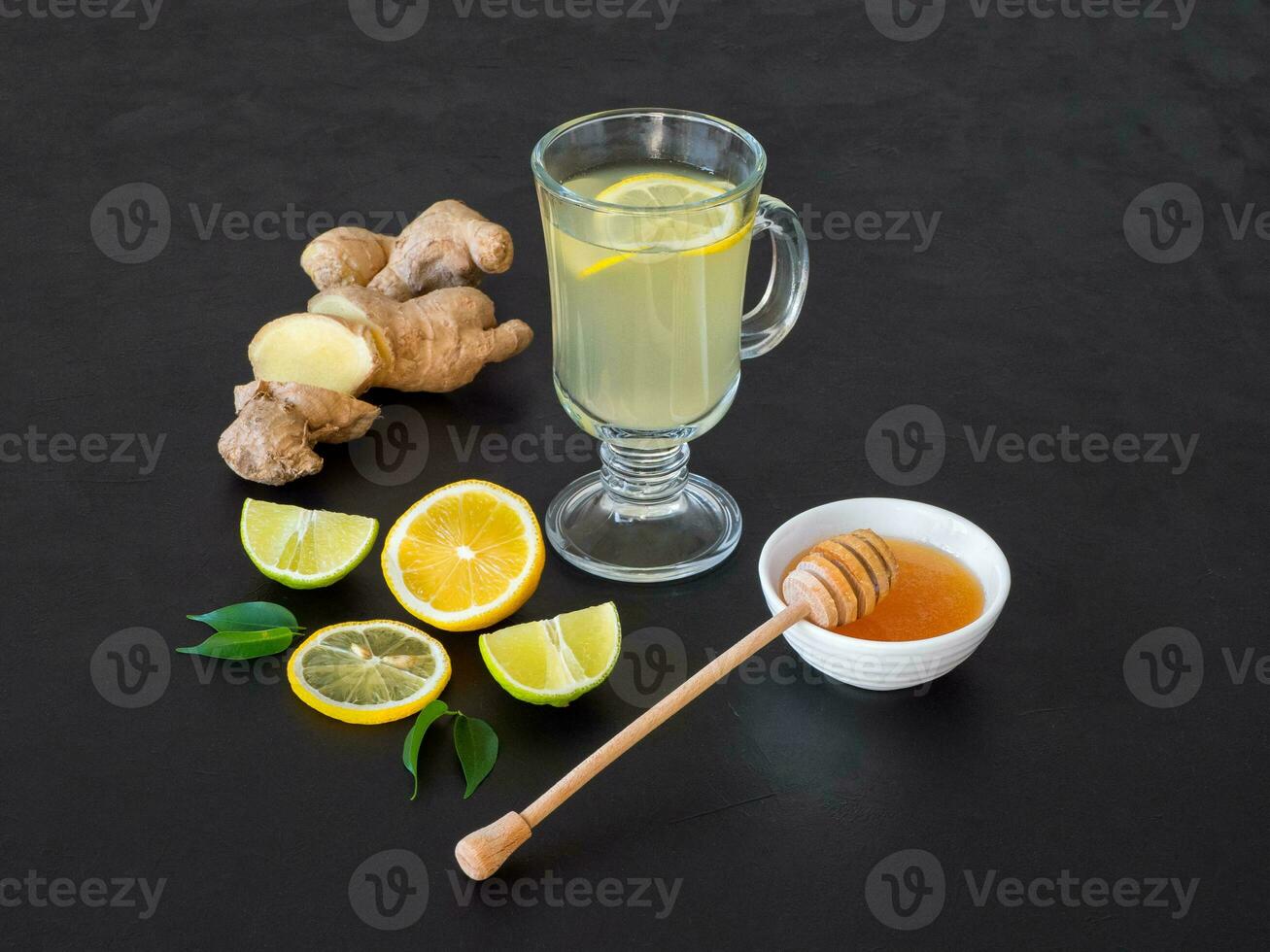 Antiviral drink with lemon, honey and ginger root, strengthening of immunity concept photo