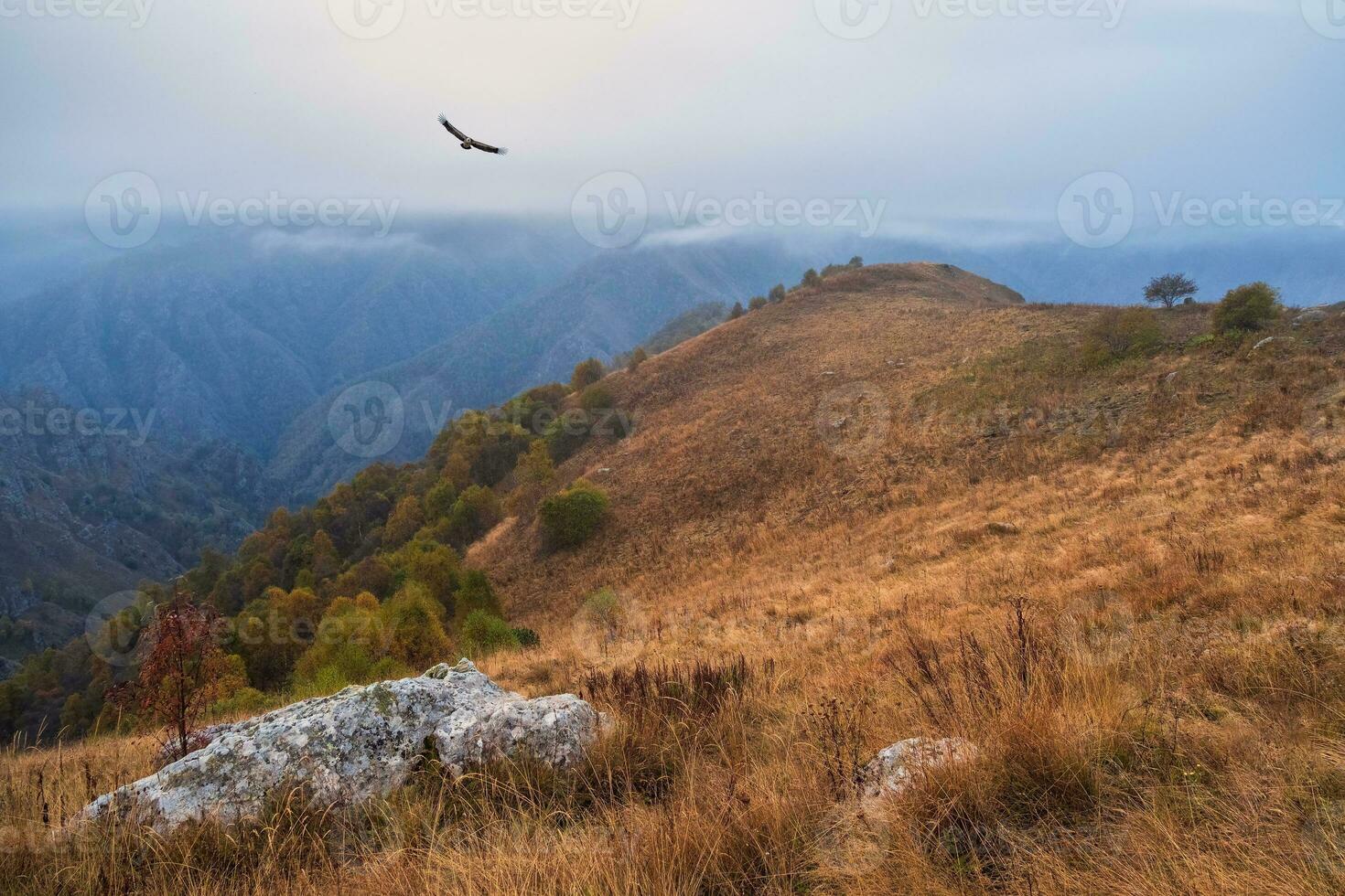 Dark landscape in highland valley under cloudy sky in morning time. Beautiful foggy autumn mountain landscape with big granite stone among on red hill and mountains. photo