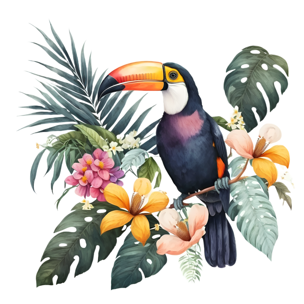 tucán pájaro flores acuarela clipart ai generado png